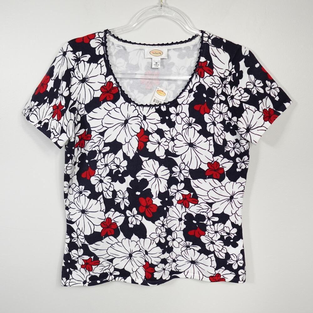 Talbots Vintage 90s Floral Scoop Neck Crochet Trim Short Sleeve Top